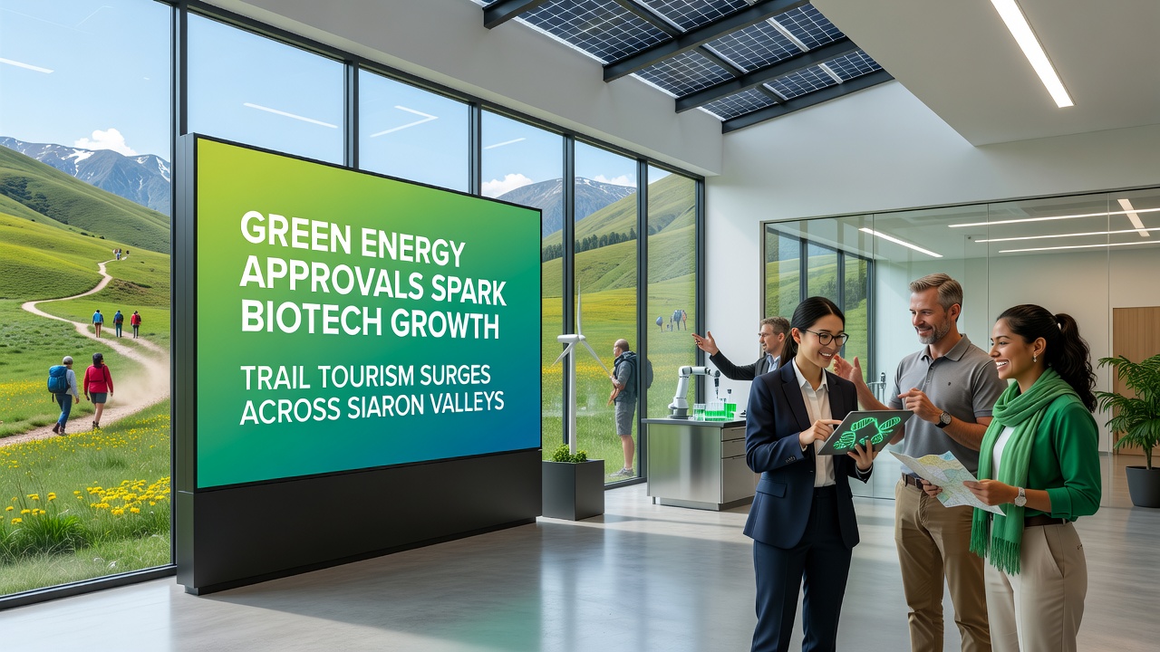 Researchers working in a biotech lab with views of green energy turbines and valley trails visible through large windows